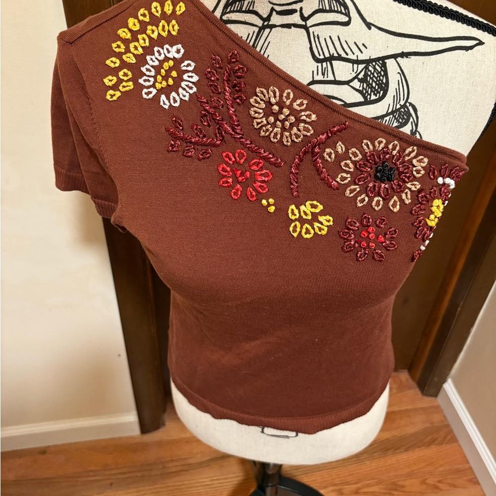Worth Brown Asymmetrical Embellished Blouse Pre-Owned
